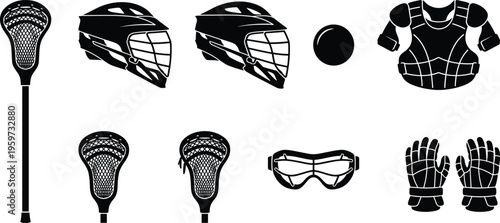 Lacrosse equipment silhouettes set with sticks, helmets, gloves, goggles and protective gear isolated on white background, sports training and competition vector collection