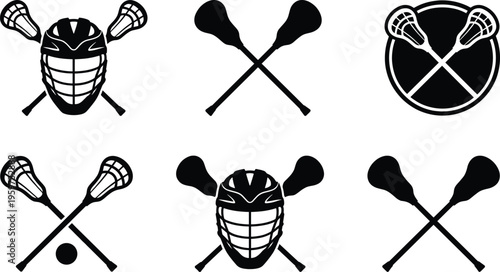 Lacrosse sticks and helmet silhouette collection with crossed equipment designs isolated on white background, sports team concept for game branding and athletic identity