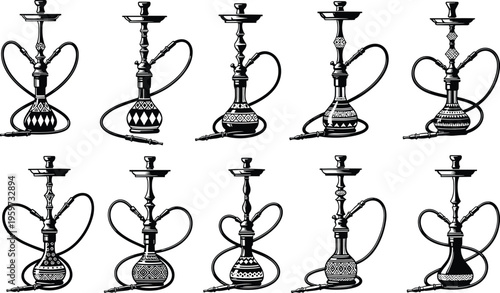 Hookah shisha silhouette collection, traditional arabic water pipe smoking device vector illustration set isolated