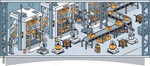 Automated warehouse logistics with robotic arms and conveyor belts in a modern industrial setting
