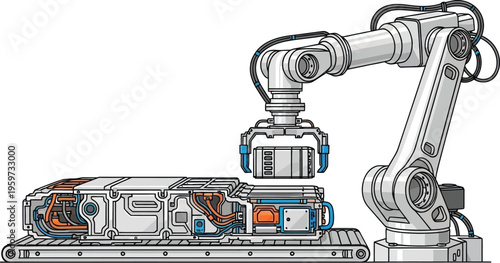 Industrial robotic arm assembling a complex futuristic battery pack on an automated production line