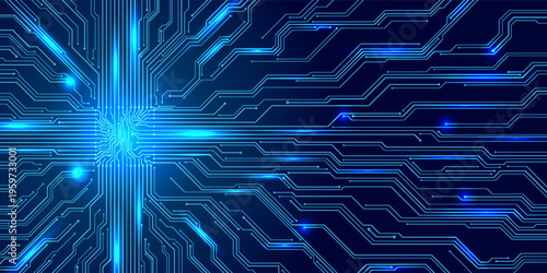 Thin circuit trace lines in blue on a dark technology background. Abstract digital tech bg. Electronics and computer technology concept. Chip and circuit board. Vector illustration. Chip connectors.