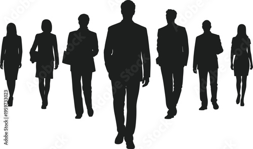 Silhouette of business professionals walking together, corporate team concept showing leadership, teamwork, and modern workforce isolated on white background for stock design use