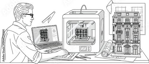 Architect designing building with 3D printer technology