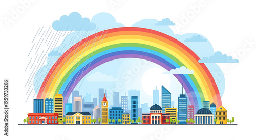A vibrant city skyline with a colorful rainbow arcing over the buildings on a rainy day