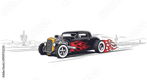 Classic American Hot Rod with Flame Graphics Speeding Down a Desert Road
