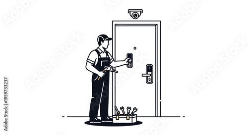Door repairman with tools and surveillance camera on a door, home security service concept