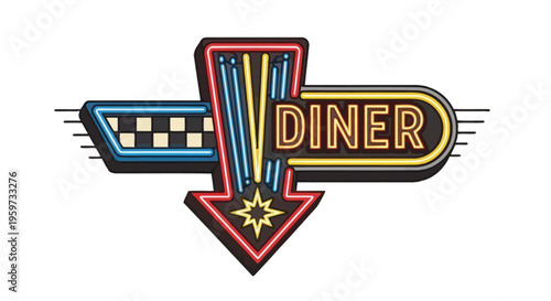 Retro Diner Neon Sign with Arrow and Checkerboard Pattern - Vintage American Restaurant Signage Illustration