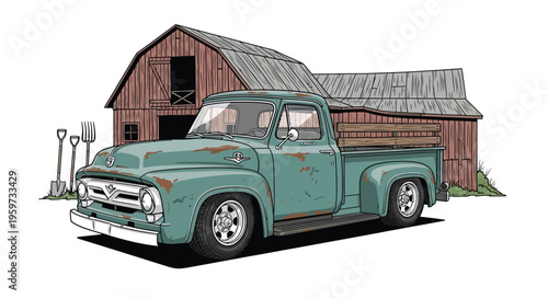 Vintage Teal Pickup Truck Outside Rustic Barn
