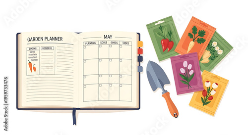 A colorful vector illustration of a garden planner and gardening tools for organizing and planning a garden