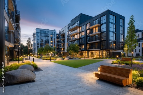Panoramic view of gated residential community with landscaped promenade, building facades with architectural lighting, blue hour with warm window lights. AI generative