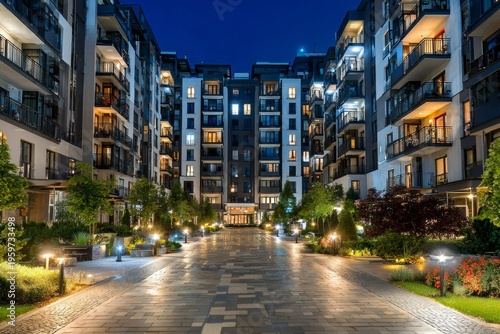Panoramic view of gated residential community with landscaped promenade, building facades with architectural lighting, blue hour with warm window lights. AI generative