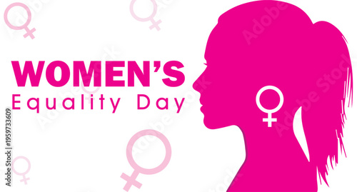 Women's equality day poster, pink color silhouette of a women isolated on light pink background.