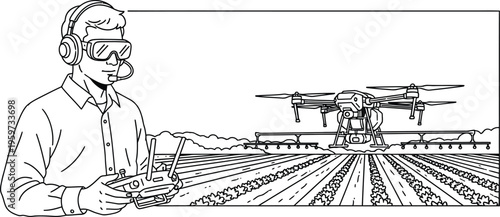 Farmer controlling drone with remote for crop spraying