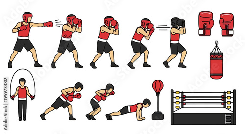 Boxer Training Sequence Showing Punches Jump Rope Exercises Punching Bag and Boxing Ring Elements for Sports Fitness and Combat Training Concepts