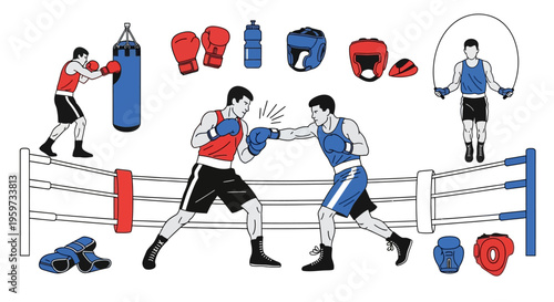 Boxing Match and Training Gear Displayed in Sports Arena Ring with Athletes and Equipment Elements