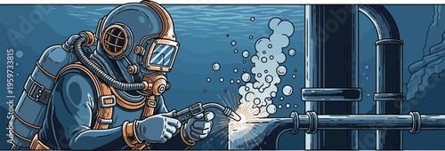 Underwater Welder Working On Pipeline In Ocean