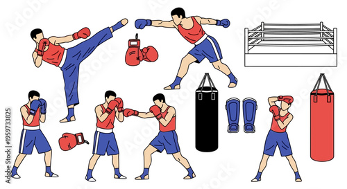 Martial Arts Training Set Featuring Boxers Kicking Punching And Equipment Like Punching Bags And Rings Ideal For Sports And Fitness Concepts