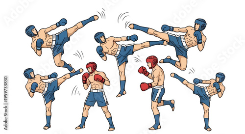 Diverse Combat Athletes Showcase Martial Arts Kicking Techniques and Defensive Stances for Sports Training and Competition Concepts