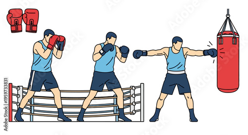 Boxer Training Sequence Showing Defensive Stance Punching Technique and Heavy Bag Workout Against Ring Background and Gloves