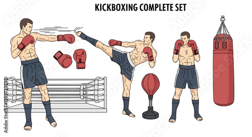Athletic Man Practicing Kickboxing Poses And Training Equipment Collection