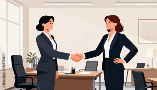 Two women shake hands in a bright, modern office. They both smile, showing mutual trust and agreement. Professional attire suggests a business or partnership deal. The room features clean desks