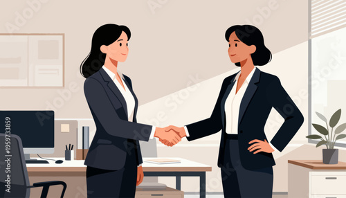 Two women in suits shake hands in an office. They stand near a desk with a monitor and papers. One smiles warmly, the other looks confident. The scene suggests a successful agreement or collaboration