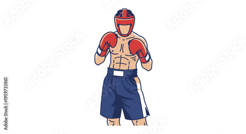 Martial artist in protective gear stands ready for combat competition sport with focused expression ready to strike opponent in ring training session