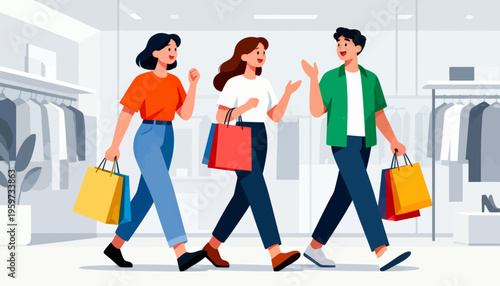 Three shoppers stroll through a bright clothing store. They carry colorful bags, smiling and chatting. Their cheerful expressions show happy browsing. Ideal for retail, fashion