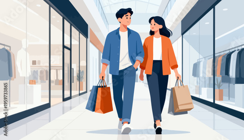 Young couple walks through a modern shopping mall. They carry bags, smiling, hand in hand. Brightly lit corridors show neatly arranged clothes. Their relaxed pace suggests joy in browsing