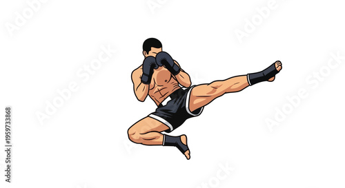 Athlete performing a dynamic martial arts kick in mid air during a combat sports competition training session demonstrating athletic skill and power