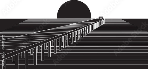 Minimalist wooden pier silhouette stretching into ocean horizon under large setting sun circle with bench at end of boardwalk path