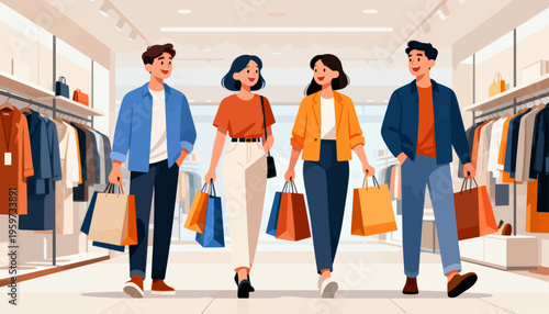 Four shoppers walk through a bright clothing store. They smile, carrying colorful shopping bags. The store has neatly arranged racks of garments. Light reflects off polished floors