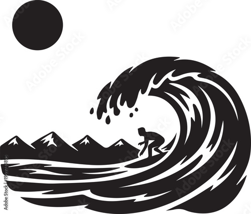 Stylized surfing silhouette of person riding inside powerful ocean barrel wave with mountain range and full moon in background