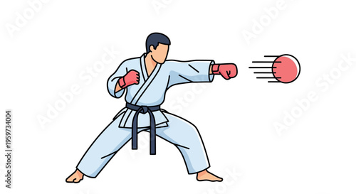 Martial arts athlete in traditional uniform performs offensive punch with red impact target in motion illustration