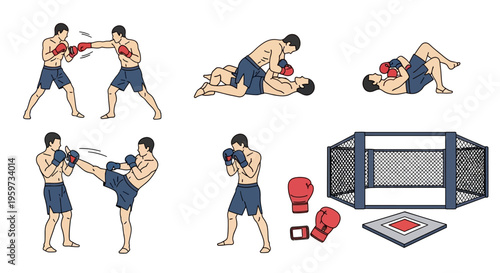 Athletic Men Engage In Mixed Martial Arts Combat Demonstrating Striking Grappling And A Competition Arena Setup For Fighting Sports Training And