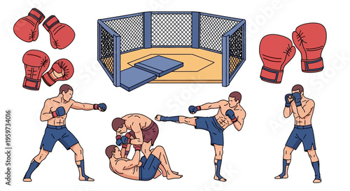 Combat Sports Arena Training Fight Gear Athletes Engaged in Combat Sports Actions Including Punches Kicks and Grappling Techniques illustration