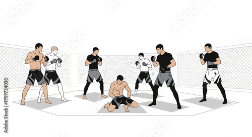 Martial artists in fighting stance inside octagon cage demonstrating combat training and athletic competition preparation in sport arena