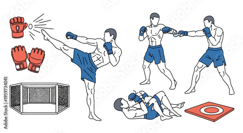 Athletic Men Performing Combat Sports Techniques Including Kicking Punching Grappling and Sparring with Training Equipment Like Gloves and Cage