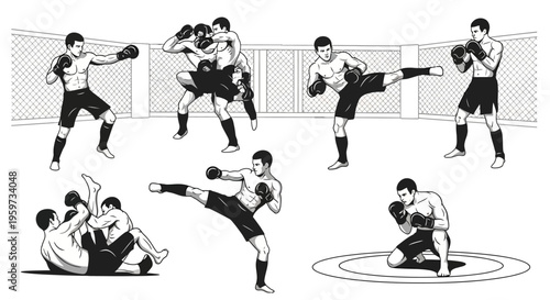 Diverse Combat Sports Moves and Grappling Techniques Illustrated in an Octagonal Arena Showing Various Martial Arts Poses for Athletic Training