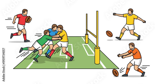 Athletes Competing In Rugby Game Action On Field With Goal Posts And Ball Movement During Sport Event Outdoors
