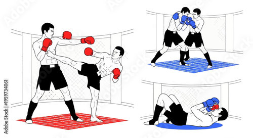 Combat Sport Athletes Demonstrate Training Techniques In Controlled Environment With Protective Gear On