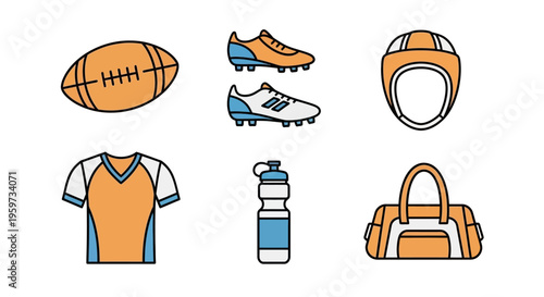 Collection Of Sports Equipment And Apparel Isolated On White Background Including Ball Shoes Shirt Water Bottle Bag And Headgear For Training And
