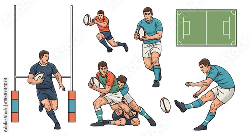 Rugby Players Displaying Various Actions Such As Running With Ball Tackling Kicking and Scoring Points on Field During Competition