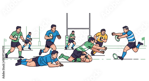 Athletes compete fiercely in a dynamic rugby match illustration showing a critical play near the goal posts with players in action on the field