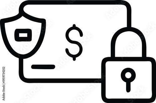 A simple line drawing depicts financial security with a shield dollar sign and unlocked padlock high quality professional detailed modern elegant stylish clean crisp vibrant colorful