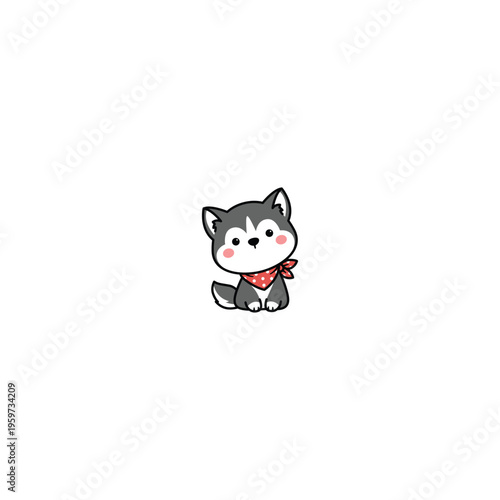Cute kawaii siberian husky with a scarf sitting cartoon, vector illustration