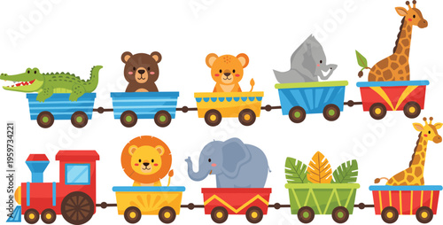 Photography Cute animal train set with lion elephant giraffe and crocodile, colorful cartoon
