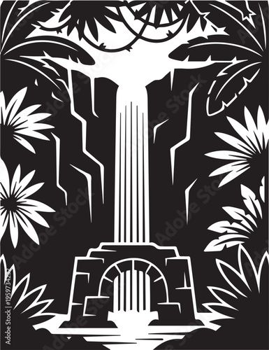 Jungle waterfall gate silhouette vector illustration with exotic palm leaves and liana creeper plants background design