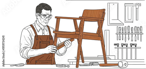 Skilled craftsman meticulously assembling wooden chair in workshop